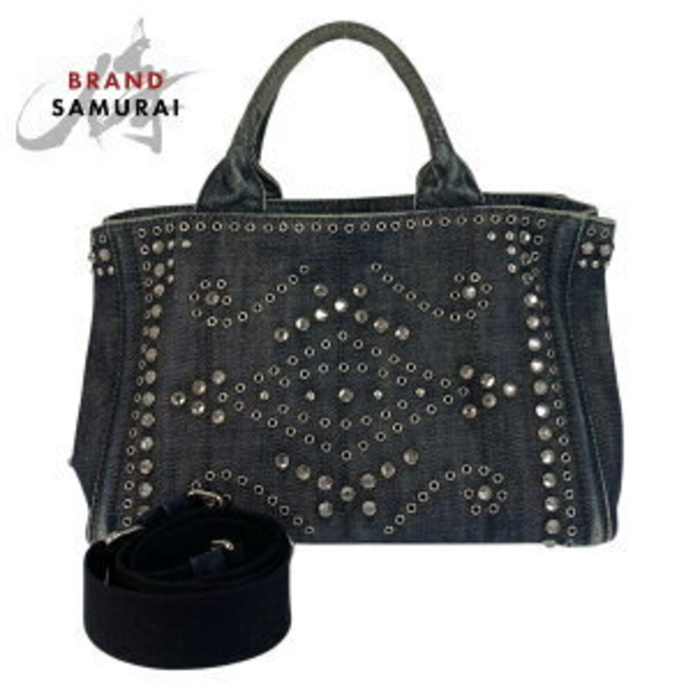 Prada Canapa tote bag beaded triangular logo plate Navy Blue denim shoulder